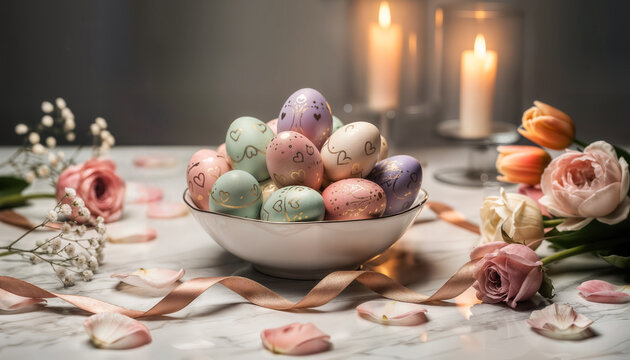 Ostereier in Schale als romantische Tischdekoration mit Blumen und Kerzenlicht