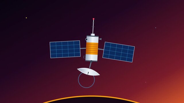 Dynamic animation of a communication satellite with solar arrays circling a stylized planet