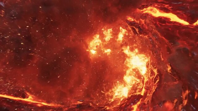 Abstract fiery red vortex with glowing orange sparks and energy