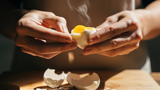 Hands crack an egg shell open to show the warm yolk inside while steam rises in a kitchen