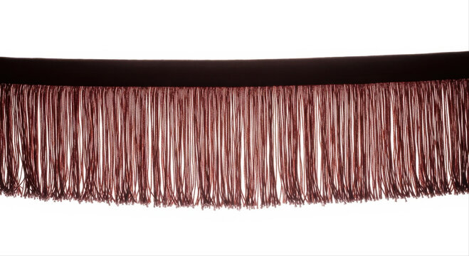 Elegant fringe curtain in a rich burgundy hue, isolated against a pristine white background, showcasing delicate textile details and texture