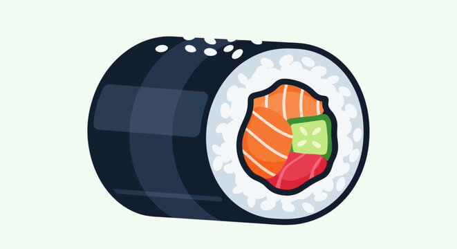 Delicious Sushi Roll with Salmon and Cucumber, Japanese Cuisine, Food Illustration