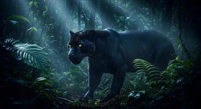 Black panther prowling in dark misty tropical rainforest