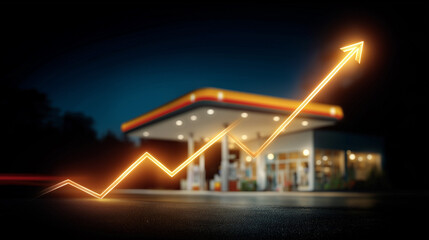 Gas Station Cost Dynamics: Illustrating the escalating cost, a luminous, upward-trending arrow superimposed over a gas station at dusk conveys the financial implications of energy.