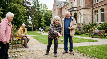 Obraz premium Senior woman playing bocce ball in park. Elderly group enjoying leisure activity and outdoor competition. Active retirement lifestyle, social inclusion, healthy aging and friendship.