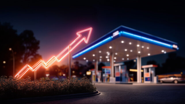 Rising Costs: Illustrating a gas station at night, an illuminated arrow represents the financial concept of increasing fuel prices, symbolizing economic uncertainty.