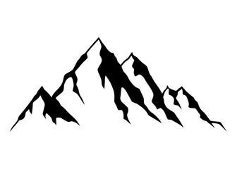 Black mountain, hill and rock silhouette. Vector rocky range and ridge with snow peaks and tops. Mountain nature landscape silhouette, hiking sport, tourism, outdoor adventure and camping themes © designer_things