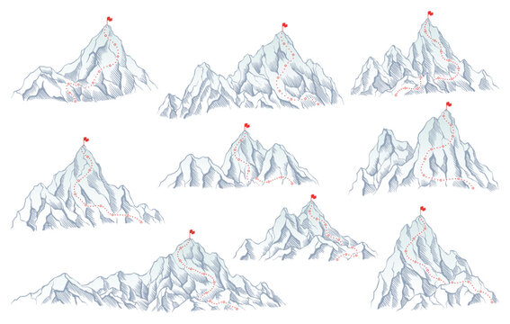 Mountains climbing routes to top rock with red flag on peak. Business journeys path in progress, way to success or concept of goal. Vector illustration