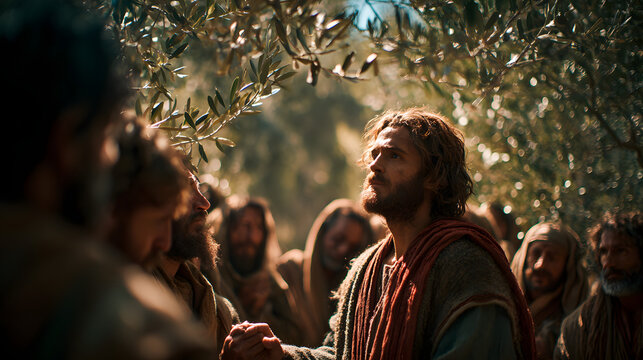 Jesus healed and restored sight to the blind while disciples form a respectful circle watching the man&rsquo;s sight return as Jesus gently stands before him, 