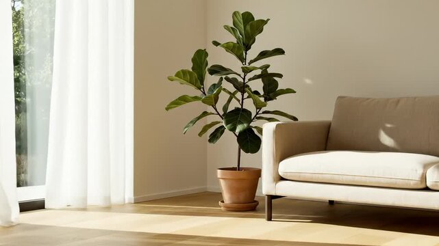Fiddle Leaf Fig Plant Next to Sofa in Bright Living Room With Sheer Curtains