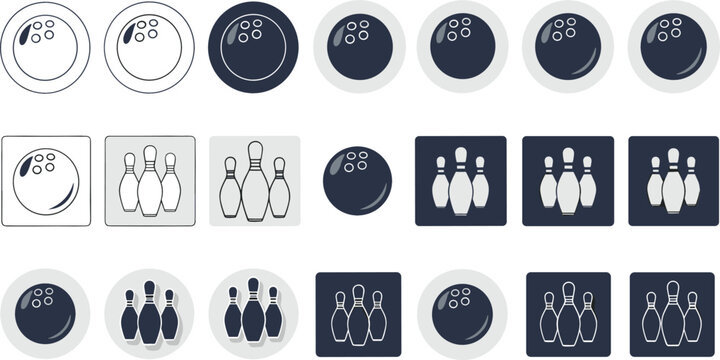 Bowling Ball and Pins Icon Set with Strike Symbols, Bowling Alley Game Elements, and Sport Recreation Graphics for Tournament, Club, and Entertainment Design