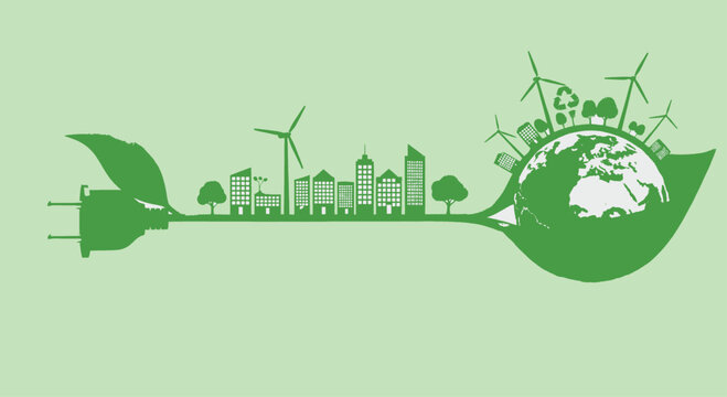 Green energy concept vector illustration with city skyline, wind turbines, and Earth globe on a leaf-shaped power plug, symbolizing sustainable power and environmental protection