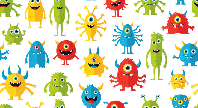 Cute Cartoon Monsters Pattern, Funny Characters, Colorful, White Background