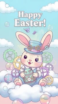 Steampunk easter bunny sitting on fluffy clouds holding a decorated ornate egg and pocket watch, surrounded by pastel gears, bubbles and clouds. whimsical happy easter holiday illustration.