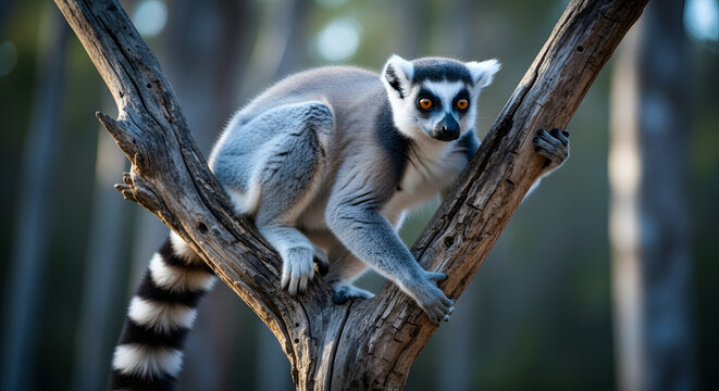 Cute ring-tailed lemur sitting on a tree branch in madagascar forest