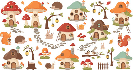 Cute Cartoon Mushroom Houses Village with Forest Animals, Trees, Snails, Rabbits, Squirrels, and Whimsical Fairy Tale Woodland Elements for Children Illustration Design © MstHura