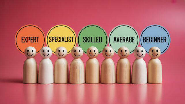 A group of people with labels indicating their skill levels