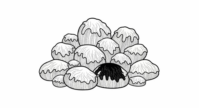 Cluster of monochrome stylized mushrooms, one with dark cap