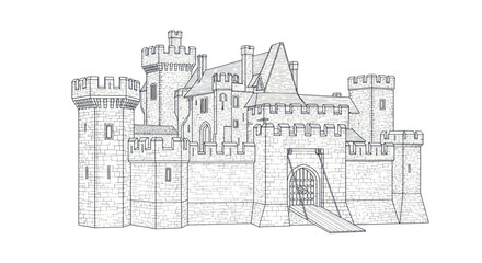 Obraz premium Medieval Castle Fortress Drawing, Stone Walls, Towers, Gatehouse, Rampart, Fortification
