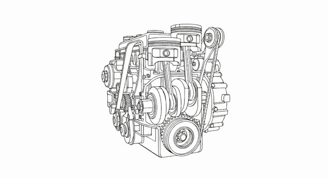 Detailed line art illustration of an internal combustion engine's components