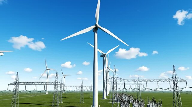 Wind Turbines and Power Lines in a Green Field Under a Blue Sky