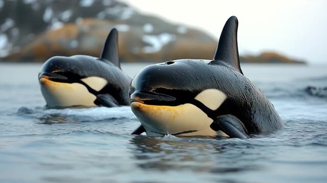 Orca whales swimming together in the ocean