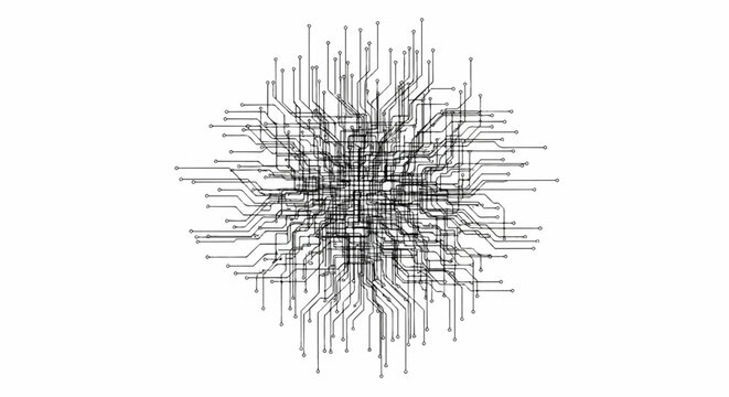 Intricate network of digital circuit board pathways spreading outwards from a central hub
