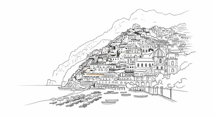 Naklejka premium Ink sketch of a coastal town with buildings cascading down a steep hill to a beach
