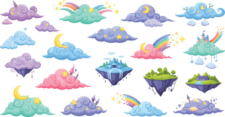 Obraz premium Fantasy Magic Clouds and Floating Islands Cartoon Set with Rainbow, Moon, Stars, and Cute Sky Elements for Kids Illustration, Fairytale Design, and Dreamy Landscapes