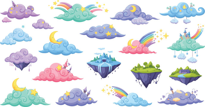 Fantasy Magic Clouds and Floating Islands Cartoon Set with Rainbow, Moon, Stars, and Cute Sky Elements for Kids Illustration, Fairytale Design, and Dreamy Landscapes