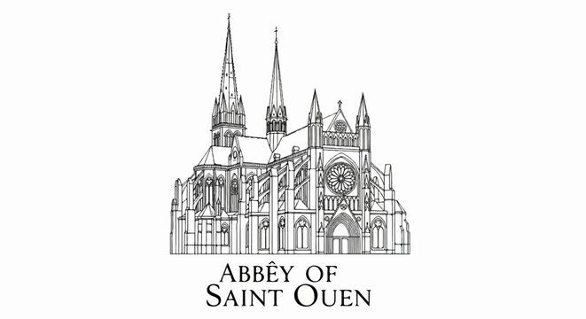 Ornate Gothic abbey illustration with spires, rose window, and arched doorways
