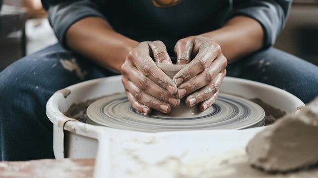 Hands work with clay on a wheel, shaping it into a bowl in a pottery studio during daylight hours
