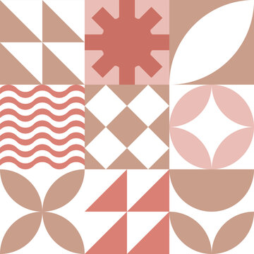 Seamless pattern of waves, triangles, and stylized floral or leaf shapes. Geometric background in pink, peach, and white. Minimalist vector art style. May be used for wallpapers, fabrics, posters,