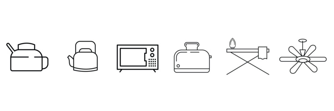Home appliance and lifestyle objects featuring teapot kettle microwave toaster ironing board and ceiling fan as icon vector illustration set