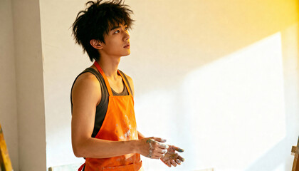 A young Asian artist with paint on his hands in his studio. Creative painter contemplating his work in warm sunlight. Artistic inspiration and hobby concept with copy space
