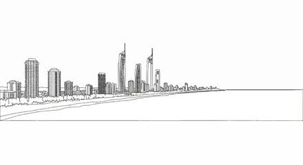 Obraz premium A sketched coastline features a sprawling city skyline with diverse tall buildings