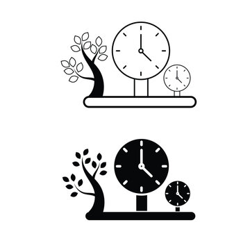 Decorative table clock with tree design for home interior and time management concept as icon vector illustration set