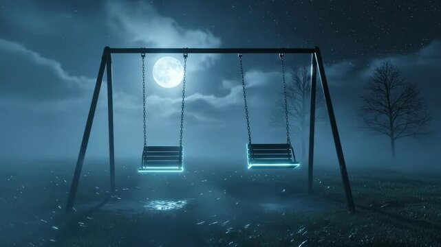 Empty Playground Swing Set Under Moonlit Night Sky.
