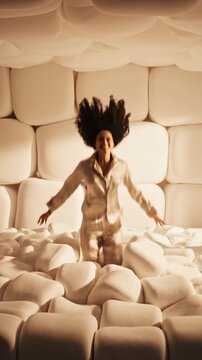 A woman in pajamas jumps with joy onto a pile of large soft white pillows in a padded room. The scene evokes comfort and pure happiness. Great for sleep or mental health content.