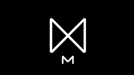 Fototapeta premium Modern abstract geometric white symbol with intersecting lines and letter M on a stark black background, minimal graphic design icon.