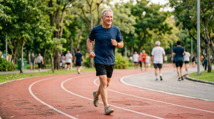 Fototapeta premium Elderly man running on track in park. Senior athlete jogging during morning exercise for fitness and healthy lifestyle. Active retirement concept with outdoor sports in nature area.