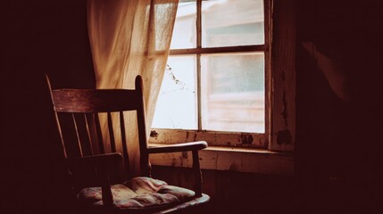 Fototapeta premium An aged rocking chair sits by a window, bathed in soft light, showcasing a sense of nostalgia and solitude.