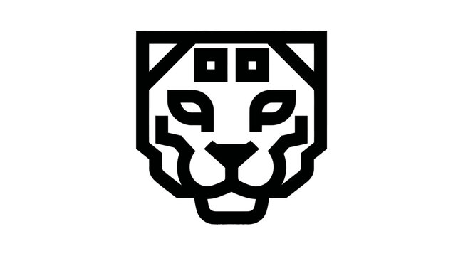 Geometric black feline head icon with square eyes, a minimalist stylized wild cat face illustration on a white background, vector.