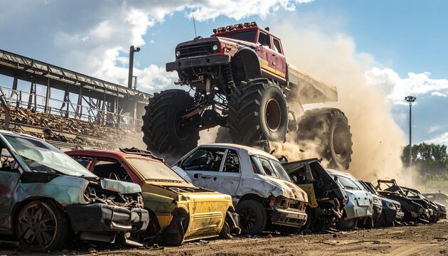 A monster truck jumps over crashed cars in a dirt arena under a blue sky