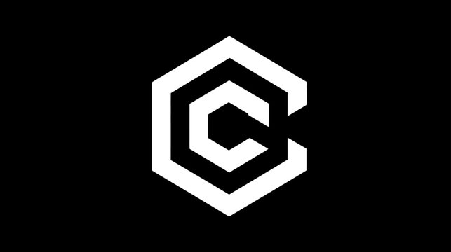 Modern abstract geometric white letter C logo inside a hexagon on a black background. Minimalist graphic design element for branding.