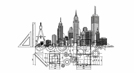 Fototapeta premium Architectural blueprint of a city with gears and drafting tools