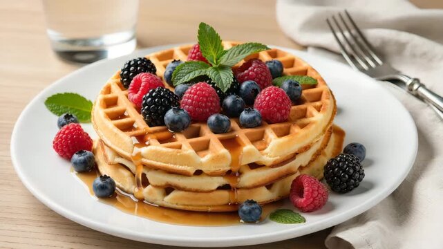 Crispy golden waffles topped with fresh raspberries, blueberries and blackberries, served with maple syrup and mint on white plate. Sweet breakfast dessert with berries.