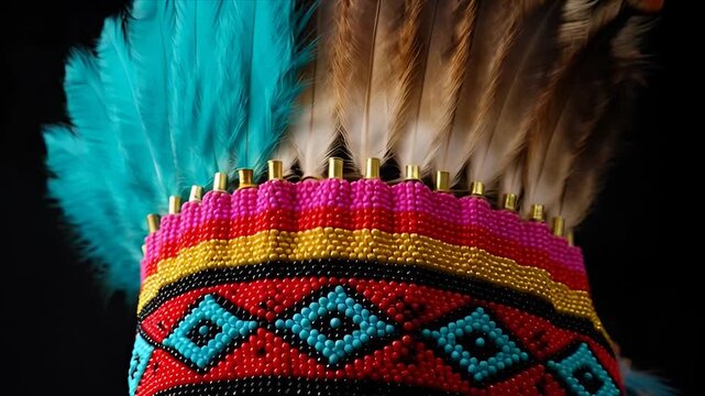 Vibrant native american headdress with colorful beads and feathers on brown leather