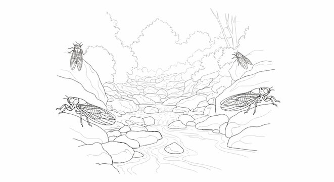 Four cicadas perched on rocks by a stream with foliage in background