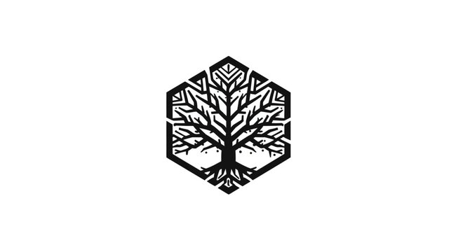 Stylized geometric tree logo design in a hexagonal frame, minimalist nature emblem with intricate roots and branches vector icon.